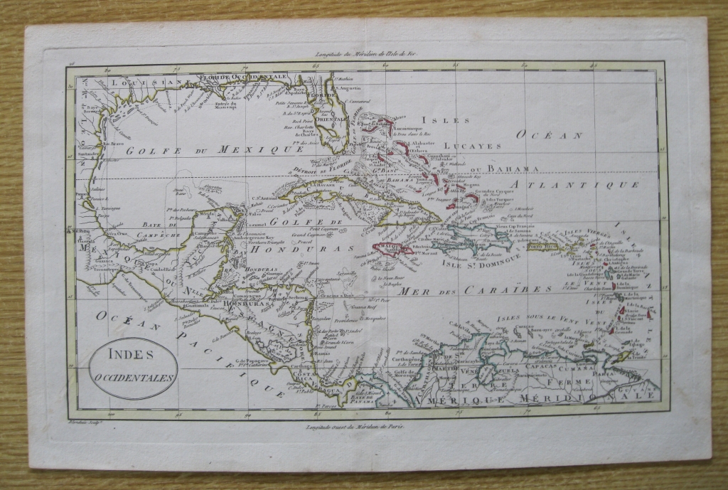 Mapa a color  de centroámérrica, mar Caribe e islas Antillas y Bahamas, 1790. Blondeau